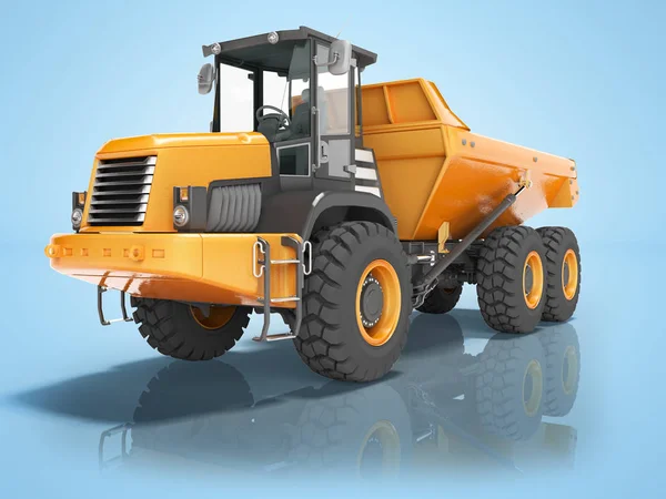 Construction equipment orange dump trucks with articulated frame isolated 3d render on blue background with shadow — Stock Photo, Image