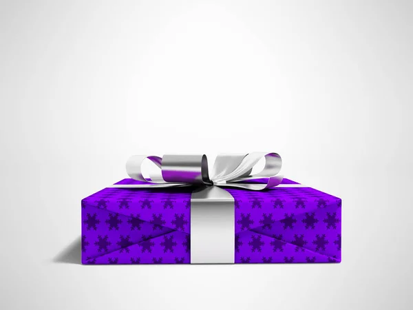 Подарунок у коробці з фіолетовим папером зі срібними стрічками 3d рендерингу на сірому — стокове фото