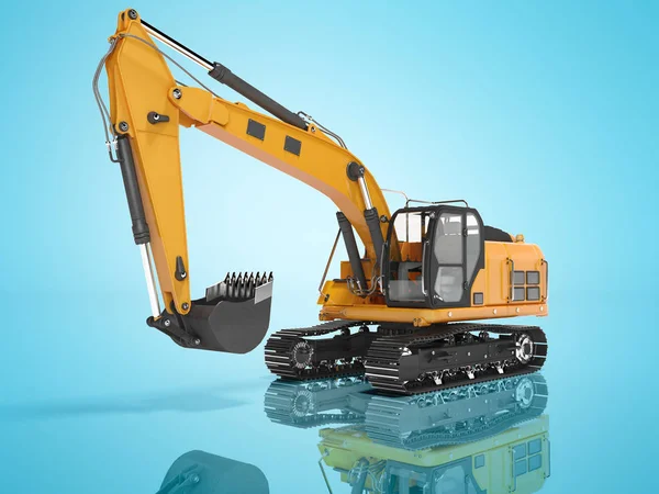 Construction equipment one bucket excavator with hydraulic mechpatoy on metal driven tracked 3d render on blue background with shadow — Stock Photo, Image