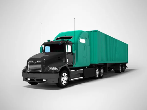Zwarte vrachtwagen met groene aanhangwagen voor lange reizen in het buitenland 3D renderen o — Stockfoto