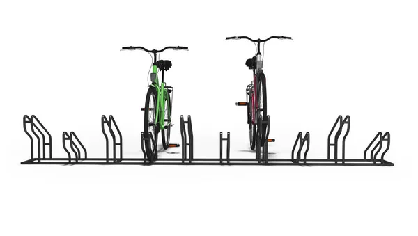 Aparcamiento de bicicletas para diez horquillas con dos horquillas estacionadas frente — Foto de Stock