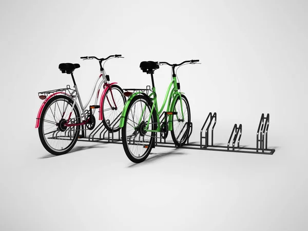 Cykelparkering med två cyklar parkerade 3D Render på grå att — Stockfoto