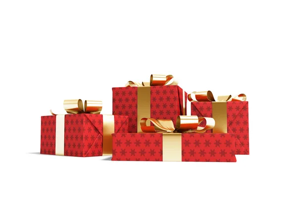 Csoport ajándékok dobozban piros papír hópelyhek sárga r — Stock Fotó