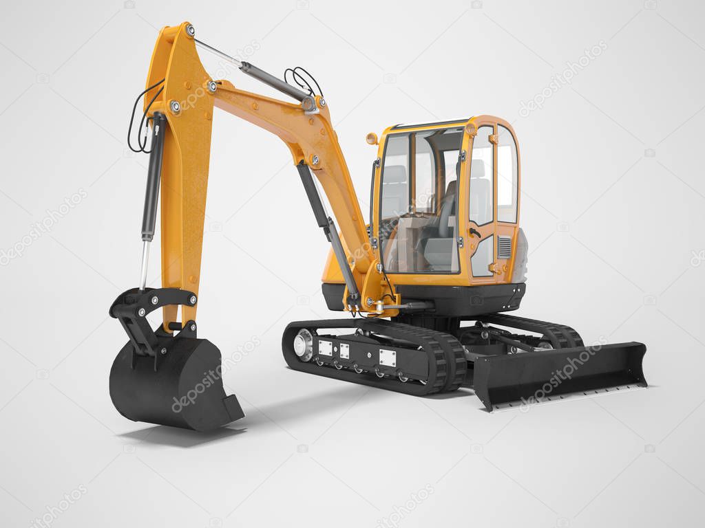 Orange mini excavator with hydraulic mechlopata with leveling bu