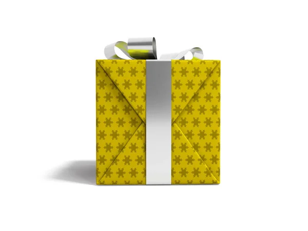 Δώρο σε κουτί σε κίτρινο χαρτί με ασημένια κορδέλες μπροστινή όψη 3D Re — Φωτογραφία Αρχείου