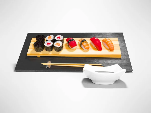 Sushi set on wooden stand with wooden chopsticks and sauce 3d re