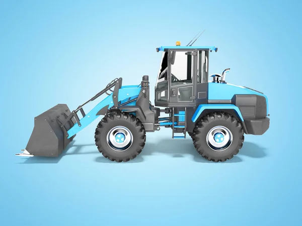 Blue front loader with large bucket on wheeled drive left side 3D render on blue background with shadow — Stock Photo, Image