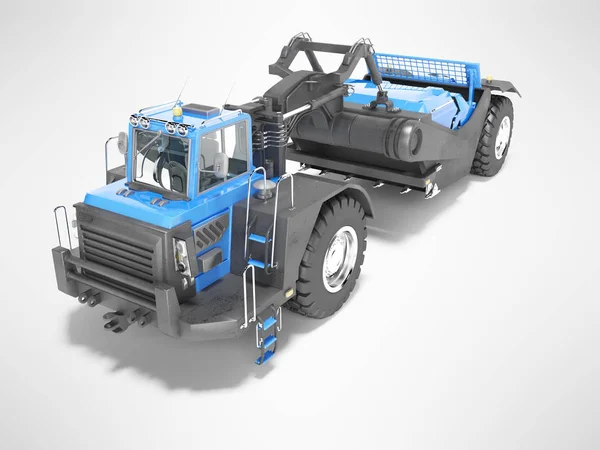 Blue wheeled tractor scraper isolated 3d render on gray backgrou — Stock Photo, Image