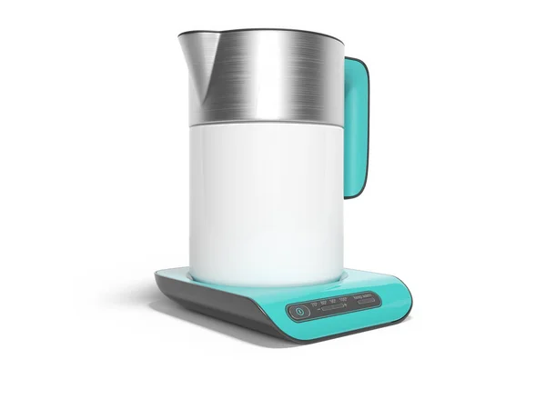 Ceramic with metal inserts electric kettle on blue stand isolate — Stock Photo, Image