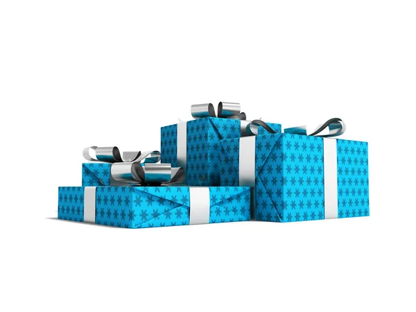 Group of gifts in box in blue paper with silver ribbons 3d rende — Stock Photo, Image