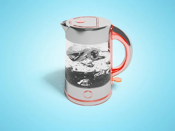 Серый электрический чайник с кипящей водой с красными вставками изолированный 3D рендеринг на синем фоне с тенью — стоковое фото