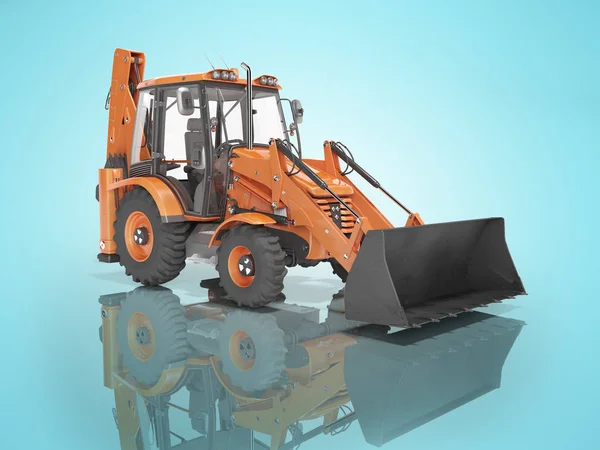 Universal construction equipment with front loading at the front and hydraulic bucket at the rear rear render on blue background with shadow — Stock Photo, Image