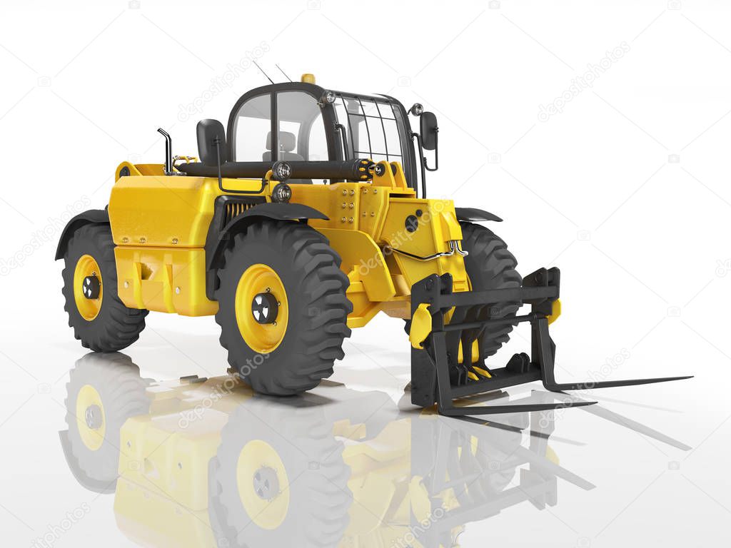 Yellow excavator telescopic loader isolated 3D render on white b
