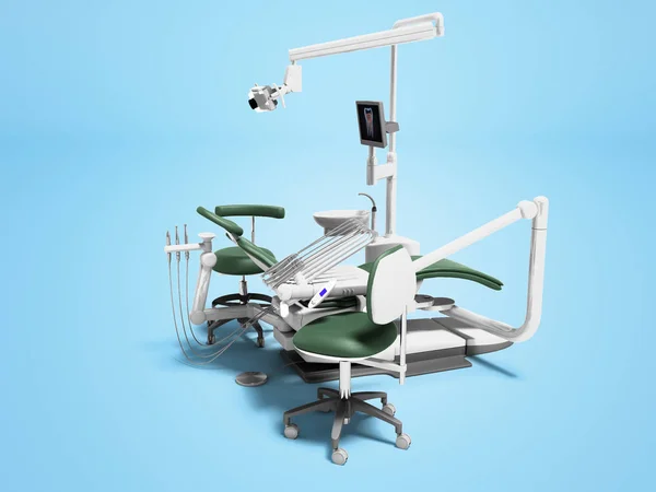 Unidad dental silla de cuero verde de dentista médico y asistentes —  Fotos de Stock