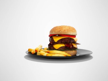 Fırında hamburger ve patates plaka 3d gri arka plan render