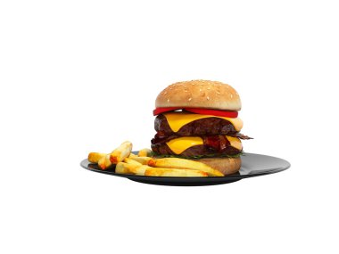 Beyaz backgroun üzerinde plaka 3d render üzerinde Pişmiş hamburger ve patates