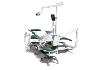 Diş hekimi doktor ve asistanlarının diş ünitesi yeşil deri sandalye
