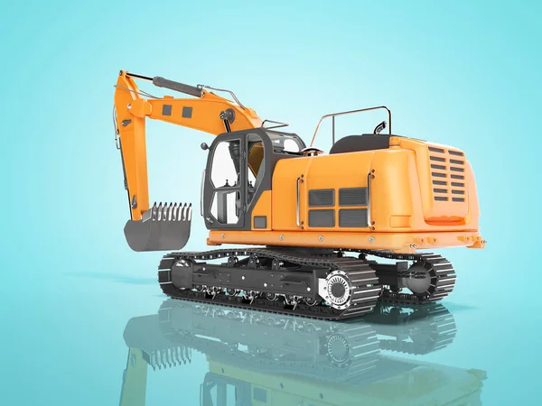 Baumaschinen orange großer Bagger Rückansicht 3D-Rendering auf blauem Hintergrund mit Schatten — Stockfoto