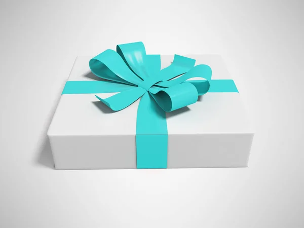 Weißes Geschenk gebunden mit blauem Band isoliert 3D-Render auf grauem Rücken — Stockfoto