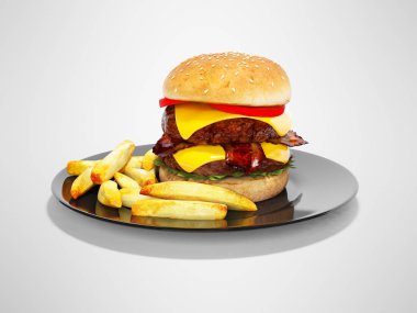 Fırında hamburger ve patates plaka izole 3d gri b render