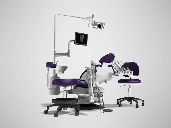 Dental unit purple chair of dentist and assistant assistants hig
