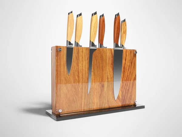 Set of kitchen knives on wooden stand with glass 3D render on gr — Stock Photo, Image