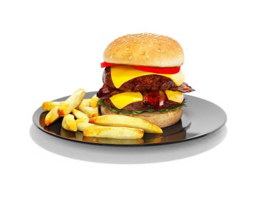 Fırında hamburger ve patates plaka izole 3d beyaz render 