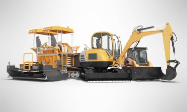 Konsept yol makine paver ekskavatör küçük yükleyici 3d render