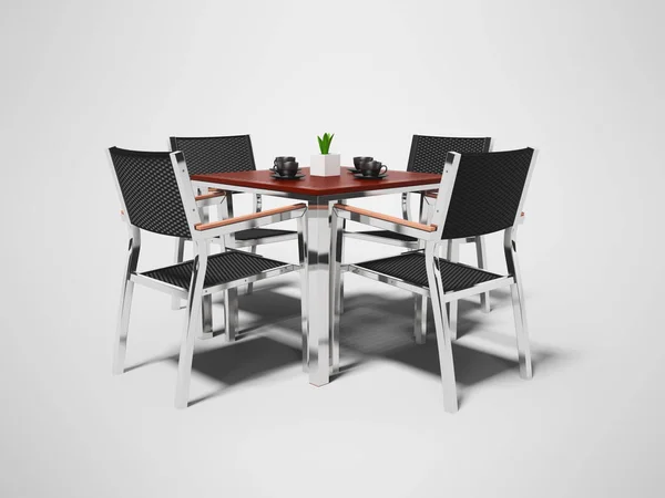 Tables and high chairs isolated 3D render on gray background wit