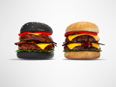 Gri arkaplanda siyah hamburger ve beyaz 3D hamburger.