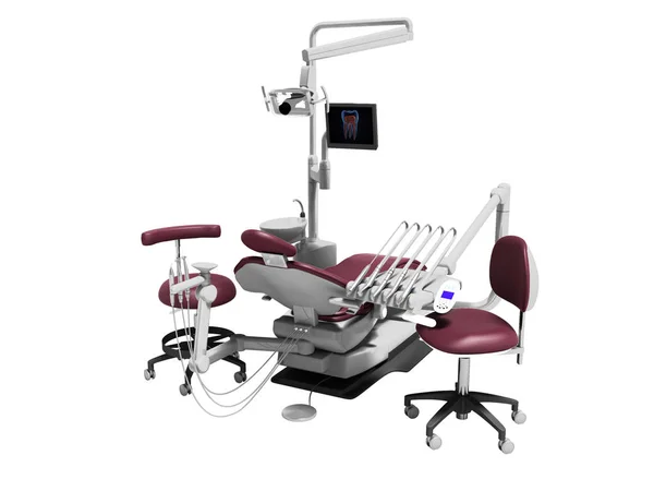 Стоматологическая единица красный кожаный стул стоматолога и помощников председателя 3d — стоковое фото