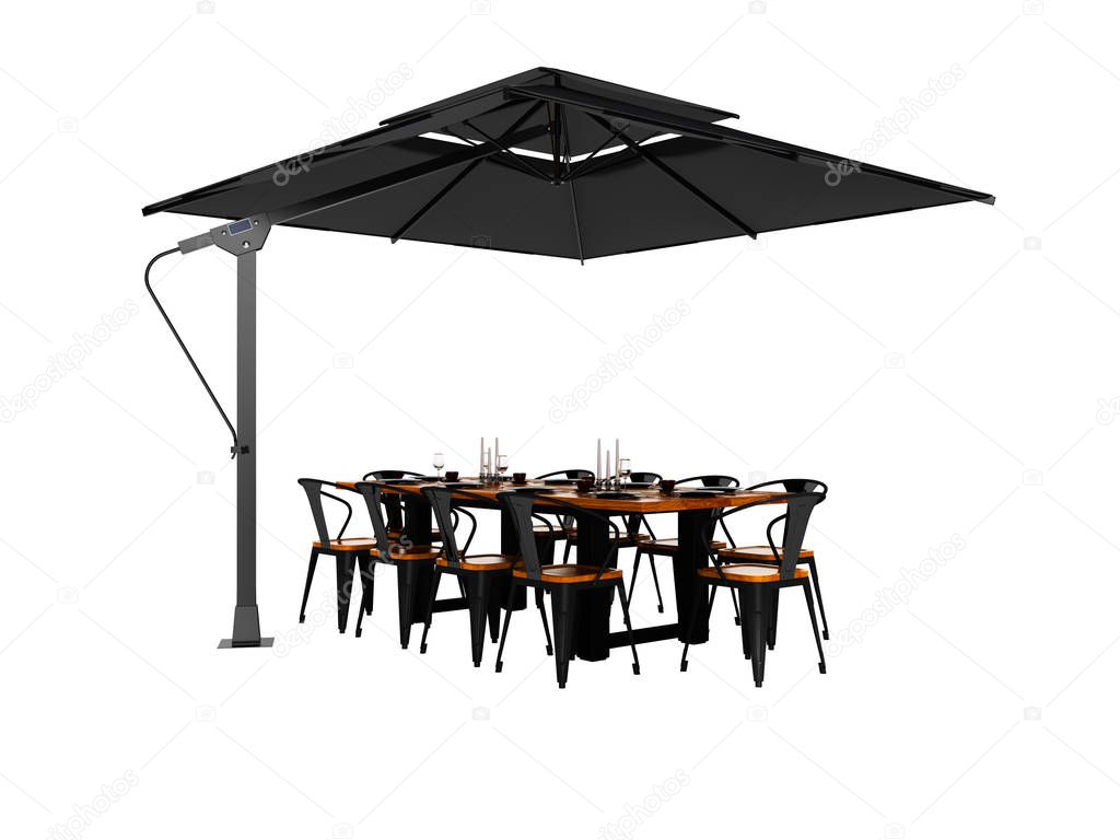 Concept umbrella for restaurant on side support with table and c
