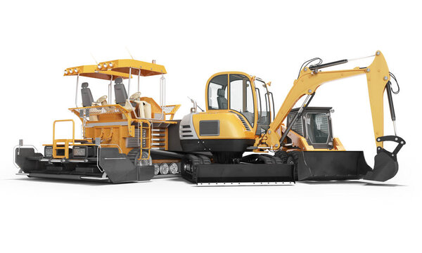 Concept road machinery paver excavator small loader 3d render on