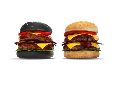 Siyah hamburger ve beyaz 3D hamburger, beyaz arka grubunda.