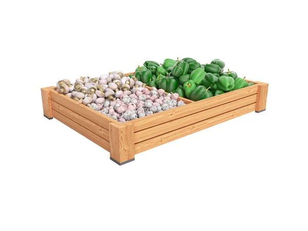 Koncepcja sprzedaży zestawu warzyw w drewnianych pudełkach zielonego pieprzu — Zdjęcie stockowe