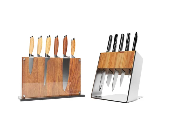 Dwa zestawy pięciu i sześciu noży kuchennych 3d renderować na białym backg — Zdjęcie stockowe
