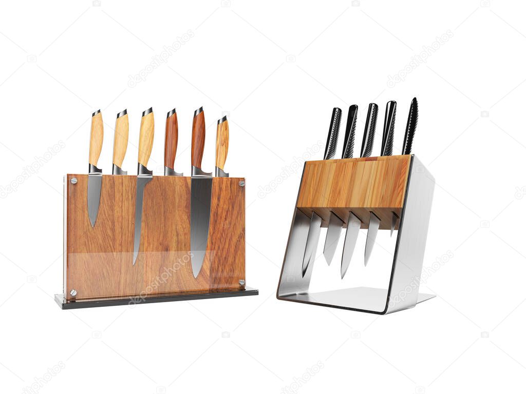 Two sets of five and six kitchen knives 3d render on white backg
