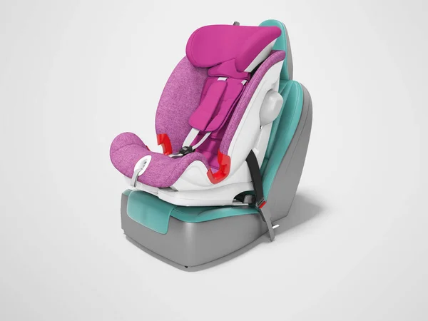 Фиолетовое детское кресло, установленное на автокресле, 3D-рендеринг на спинке — стоковое фото