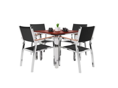 Masalar ve yüksek sandalyeler izole edilmiş beyaz arkaplanda 3D görüntüleme yok