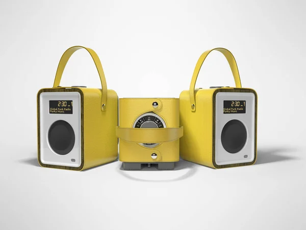 Amarelo três alto-falante portátil para ouvir música em couro — Fotografia de Stock