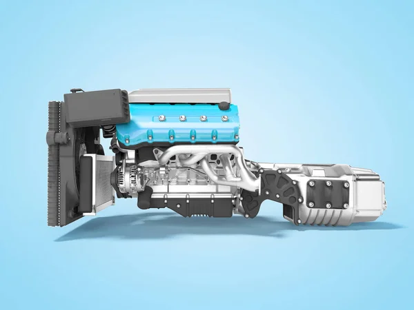 Μπλε κινητήρας για τη συναρμολόγηση του αυτοκινήτου με κιβώτιο ταχυτήτων οπίσθια όψη 3d καθιστούν on — Φωτογραφία Αρχείου