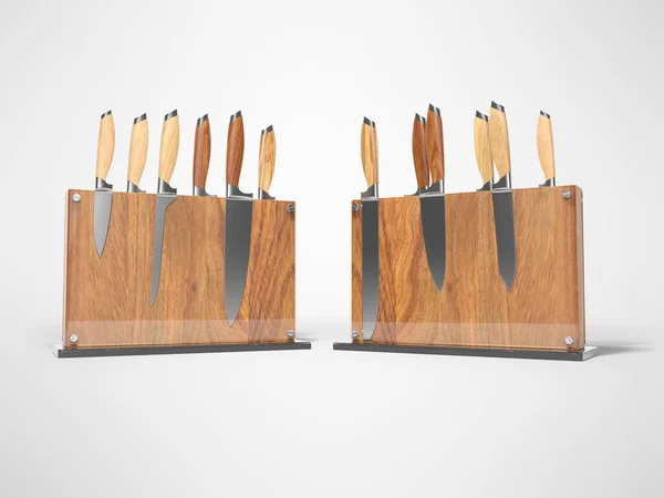 Two sets of kitchen knives on wooden stand with glass 3D render — Stock Photo, Image