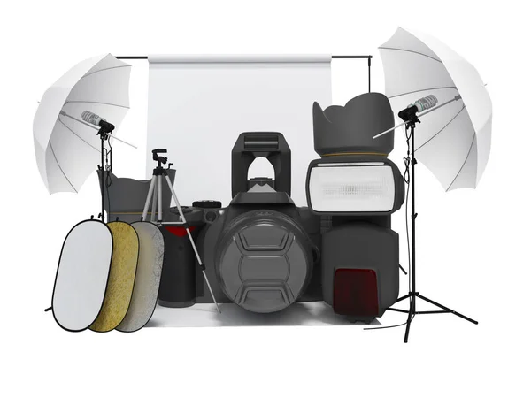 Conceito de equipamentos no estúdio de fotografia de renderização 3d em backgrou branco — Fotografia de Stock
