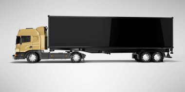 3D rending kahverengi yol nakliye kamyonu siyah yarı karavan yan görünümü ile gölgeli arka plan izole