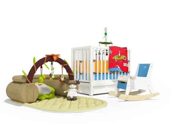 3d rendering of bed for child with play mat with toys and wooden chair on white background with shadow