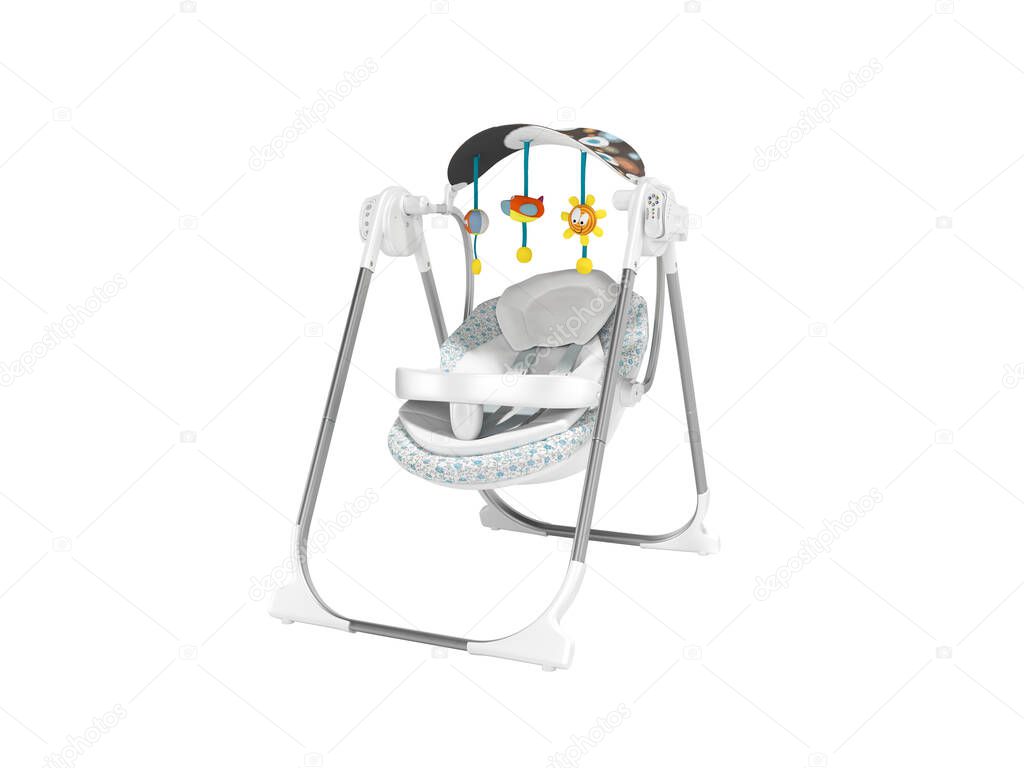 3d rendering baby rocking chair with toys on metal legs white background no shadow