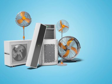 3D konsept fanlar klimalar ve portatif klimalar gölgeli mavi arka plan