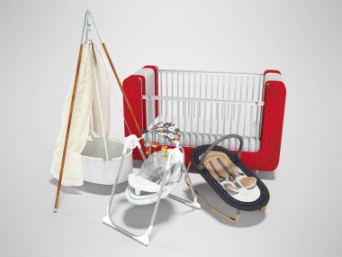 Uyuyan bebek için 3D görüntüleme seti, kırmızı yatak ve gri arka planda oyuncakları olan sallanan sandalye.