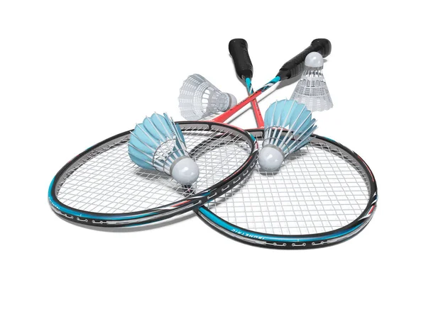 Rendering Spel Set Van Badminton Rackets Met Volwassen Shuttlecocks Witte — Stockfoto