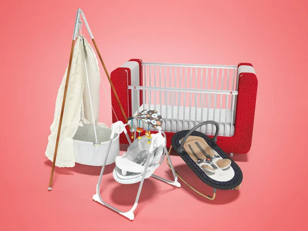 Rendering Set Sleeping Baby Red Bed Rocking Chair Toys Red — Stock Photo, Image